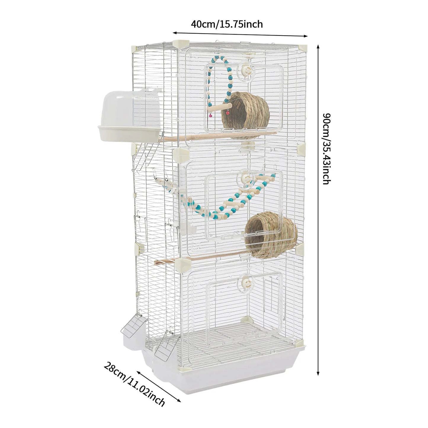 Bird Cage with Bird Nest, 3-Tier Metal Birdcage with 3 Access Doors & Bath Box for Budgies Canaries Parakeets, White