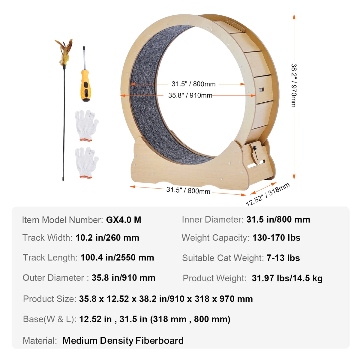 SucceBuy Wooden Cat Exercise Wheel with Detachable Carpet and Teaser