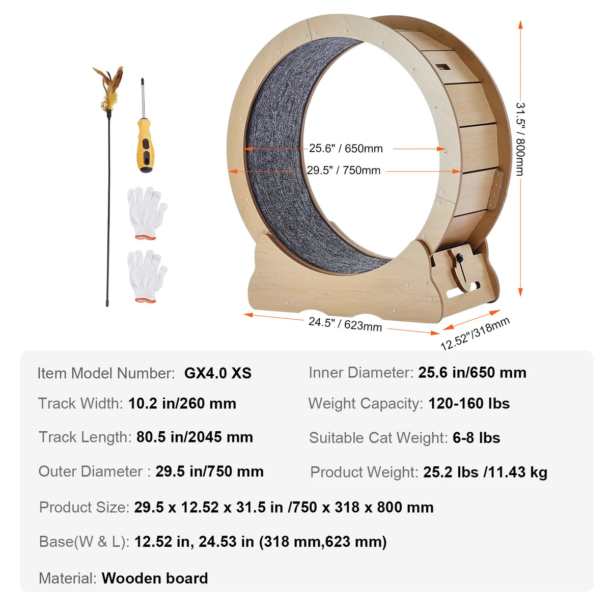 Wooden Cat Exercise Wheel With Detachable Carpet And Teaser