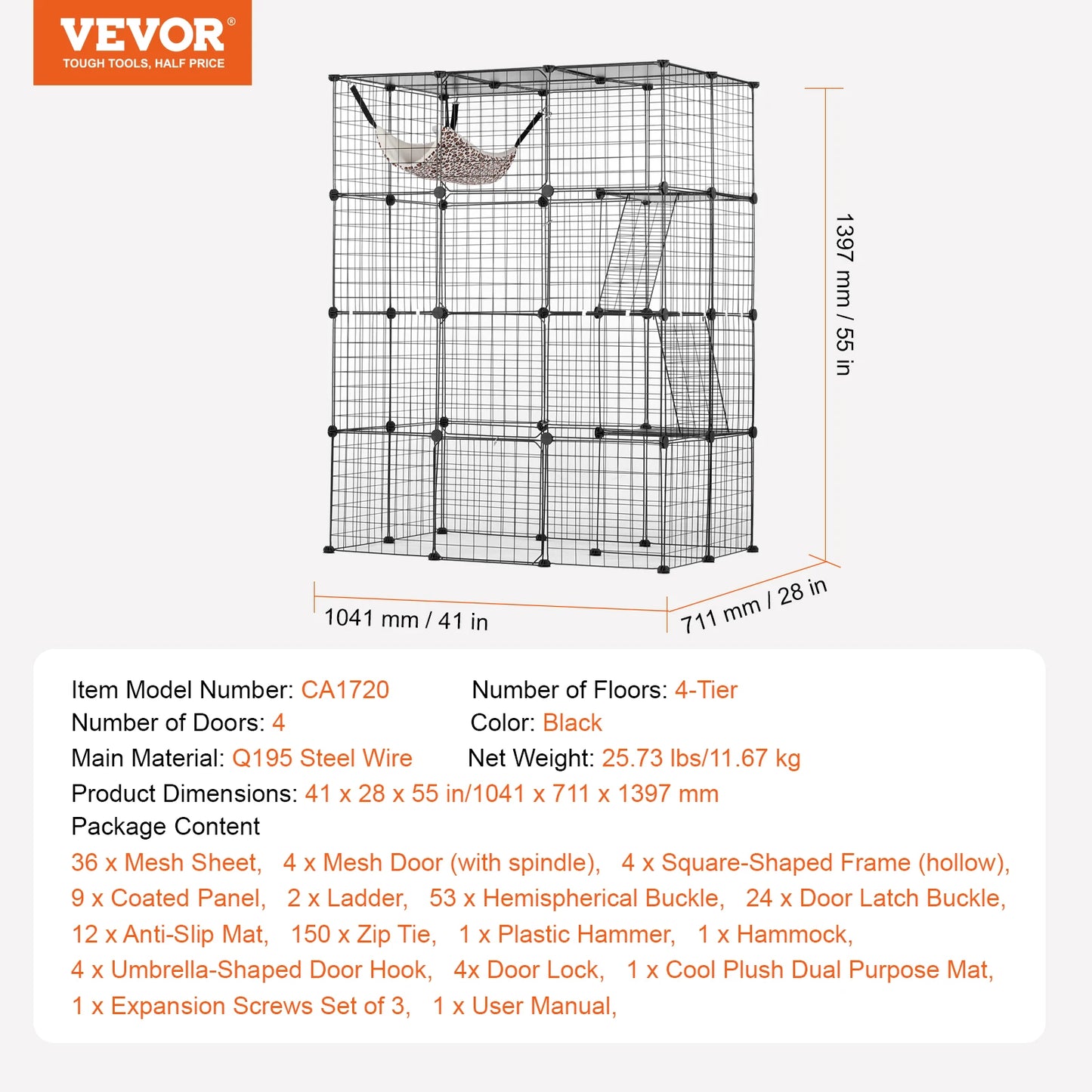 SucceBuy Large Detachable Metal Wire Cat Cage With Ramp And Hammock