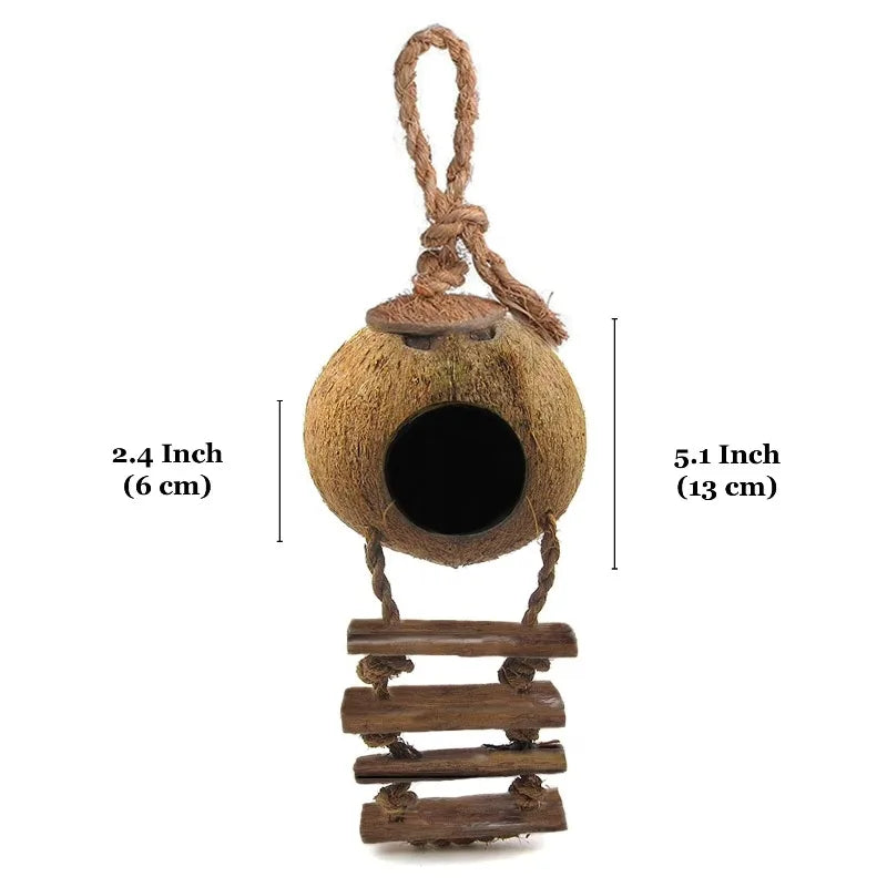 Natural Coconut Shell Nest & Hanging Bird House with Ladder