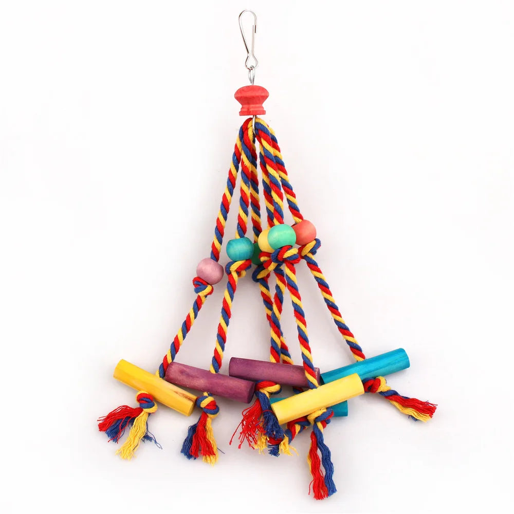 Wood Chewing Bird Toy With Cotton Rope Parrot Cage Accessory