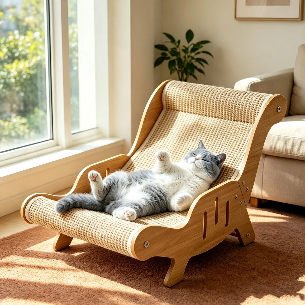 Wooden Sisal Cat Lounge Chair and Multi Functional Scratcher for Playtime