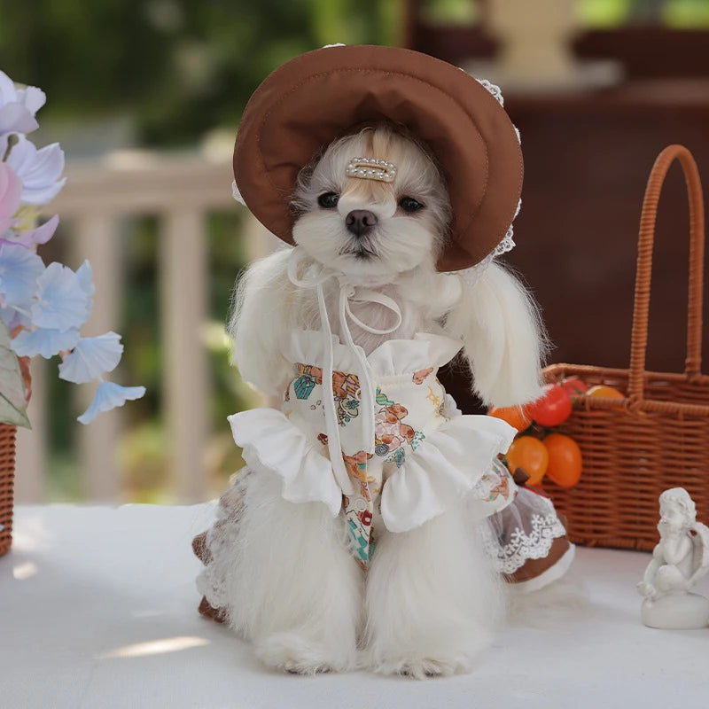 NONECN Lace Dress and Maid Hat Set for Canine Companions