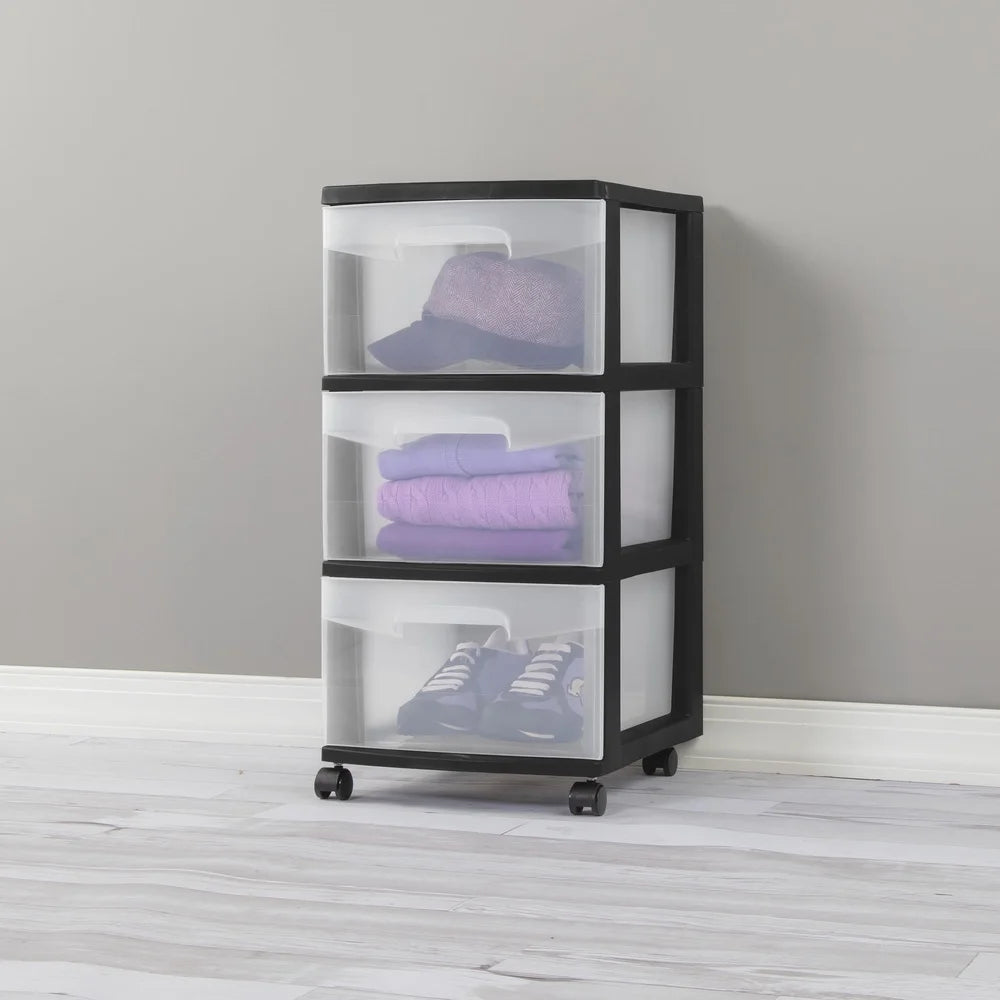 Plastic 3 Drawer Storage Cart With Clear Drawers Rolling Organizer