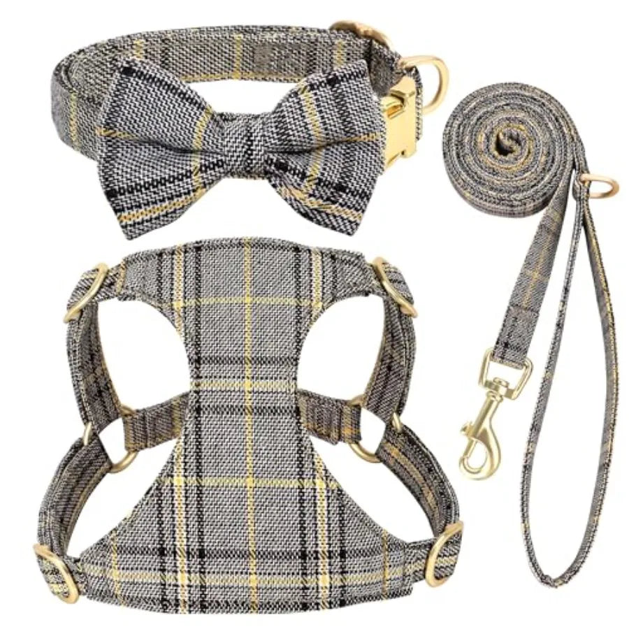 Adjustable Plaid Dog Harness Collar and Leash Set with Bowtie