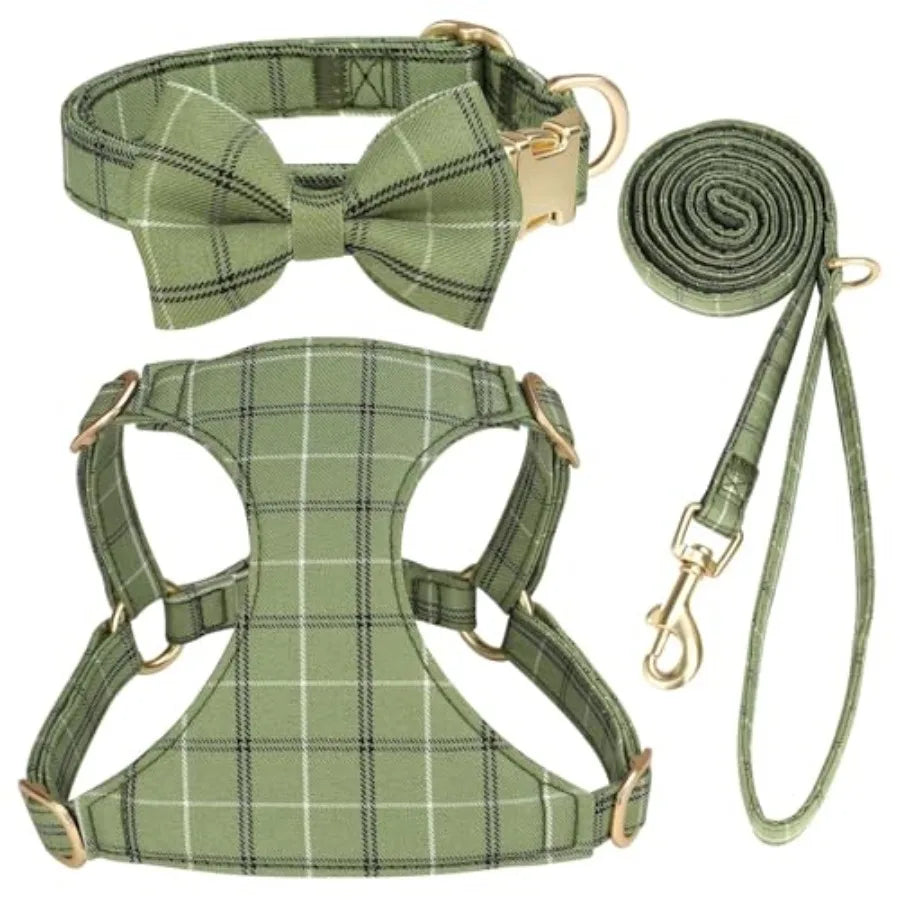 Adjustable Plaid Dog Harness Collar and Leash Set with Bowtie