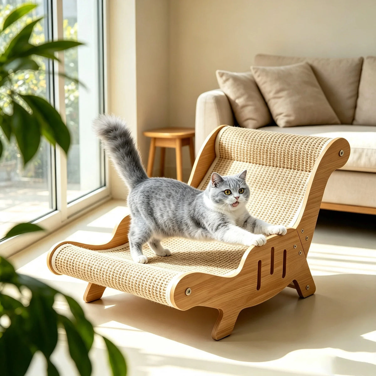 Wooden Sisal Cat Lounge Chair and Multi Functional Scratcher for Playtime