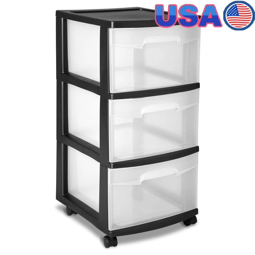 Plastic 3 Drawer Storage Cart With Clear Drawers Rolling Organizer