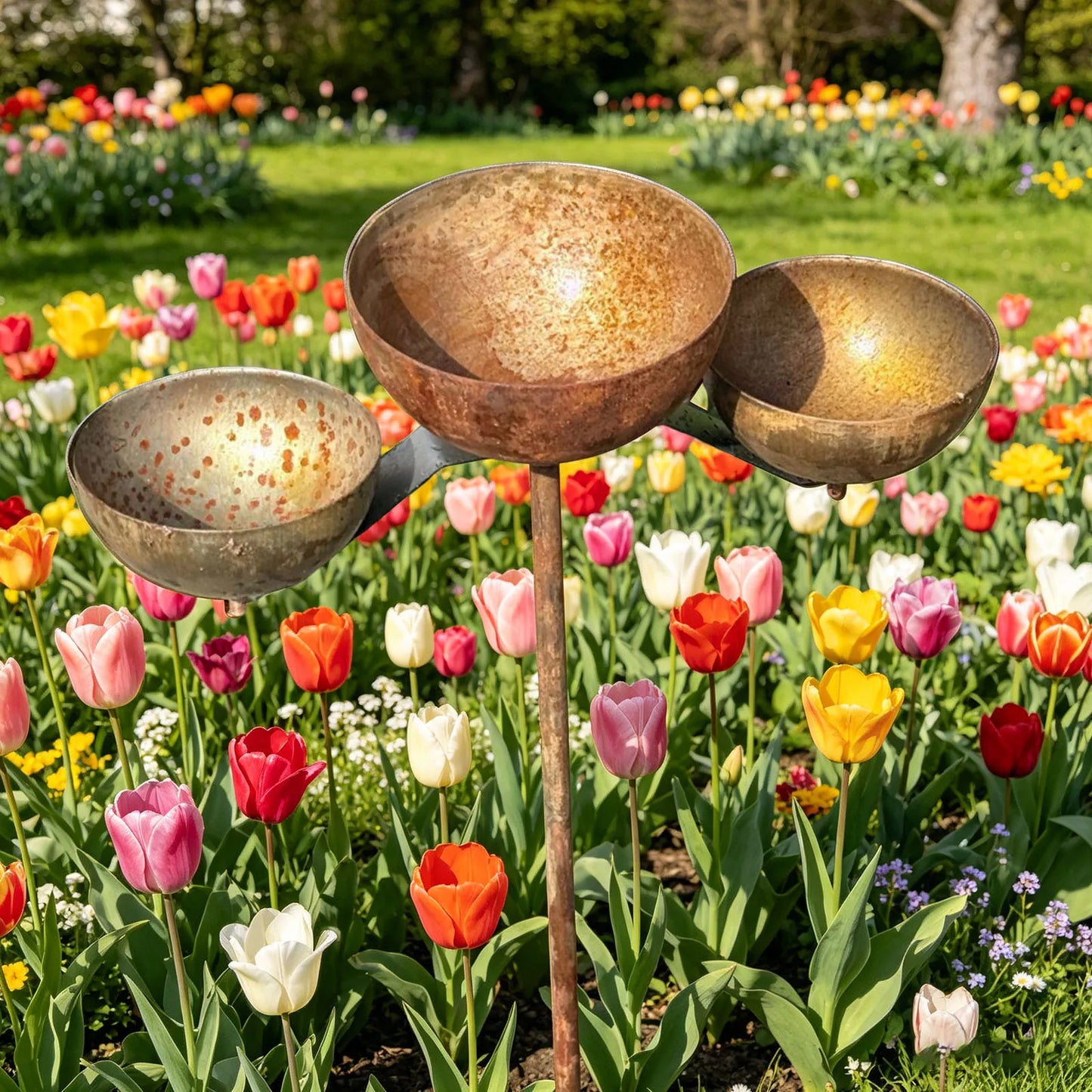 3-Layer Bird Water Bowl With Metal Stake Outdoor Bird Bath