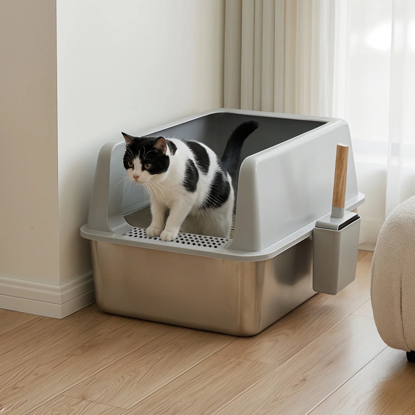 Stainless Steel Cat Litter Box Large High Sided Open Pan