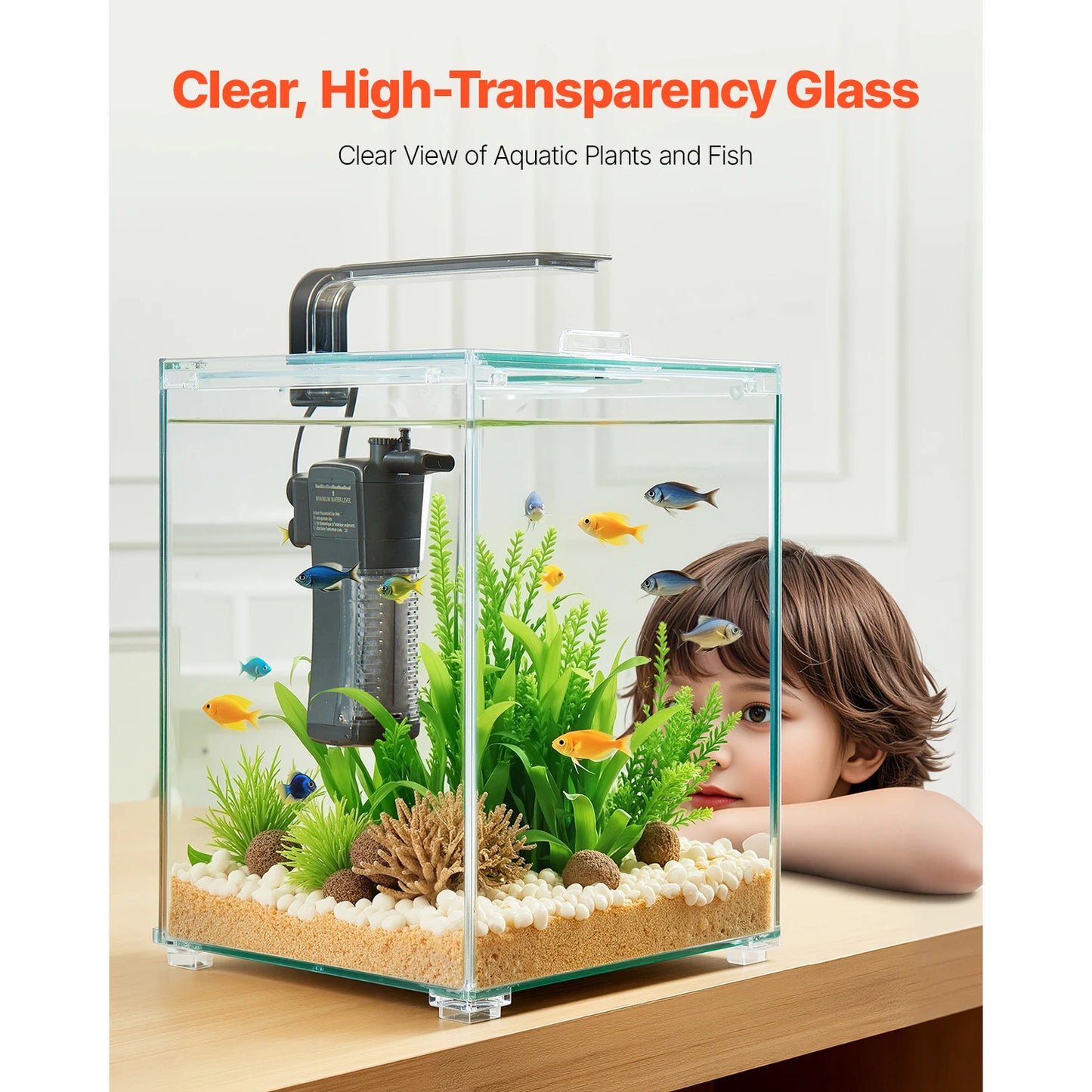 SucceBuy Fish Tank Aquarium 2/5Gal Square Ultra-Clear Glass Starter Tank Adjustable 3 Color Lighting Self Cleaning System for Home