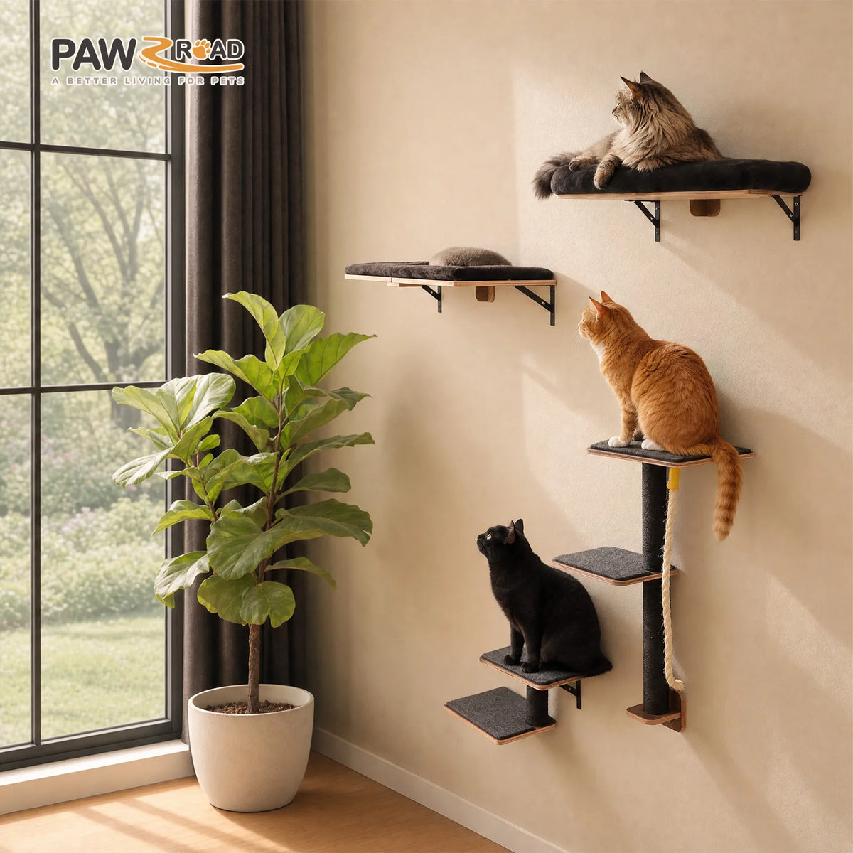 PAWZ Road Wooden Cat Climbing Wall Shelves With Scratching Posts