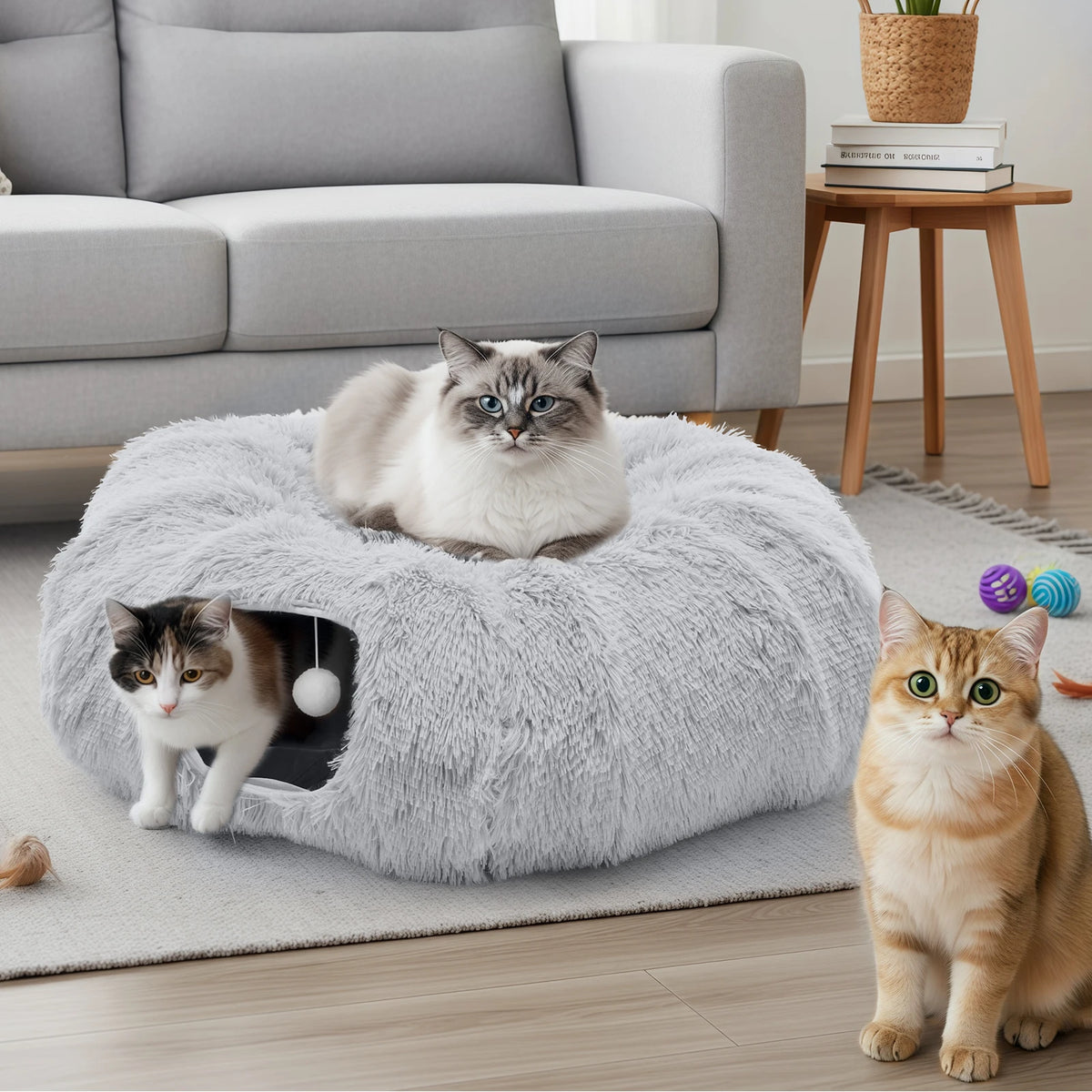 JHK Cat Tunnel Bed with Plush Hideaway and Play Space