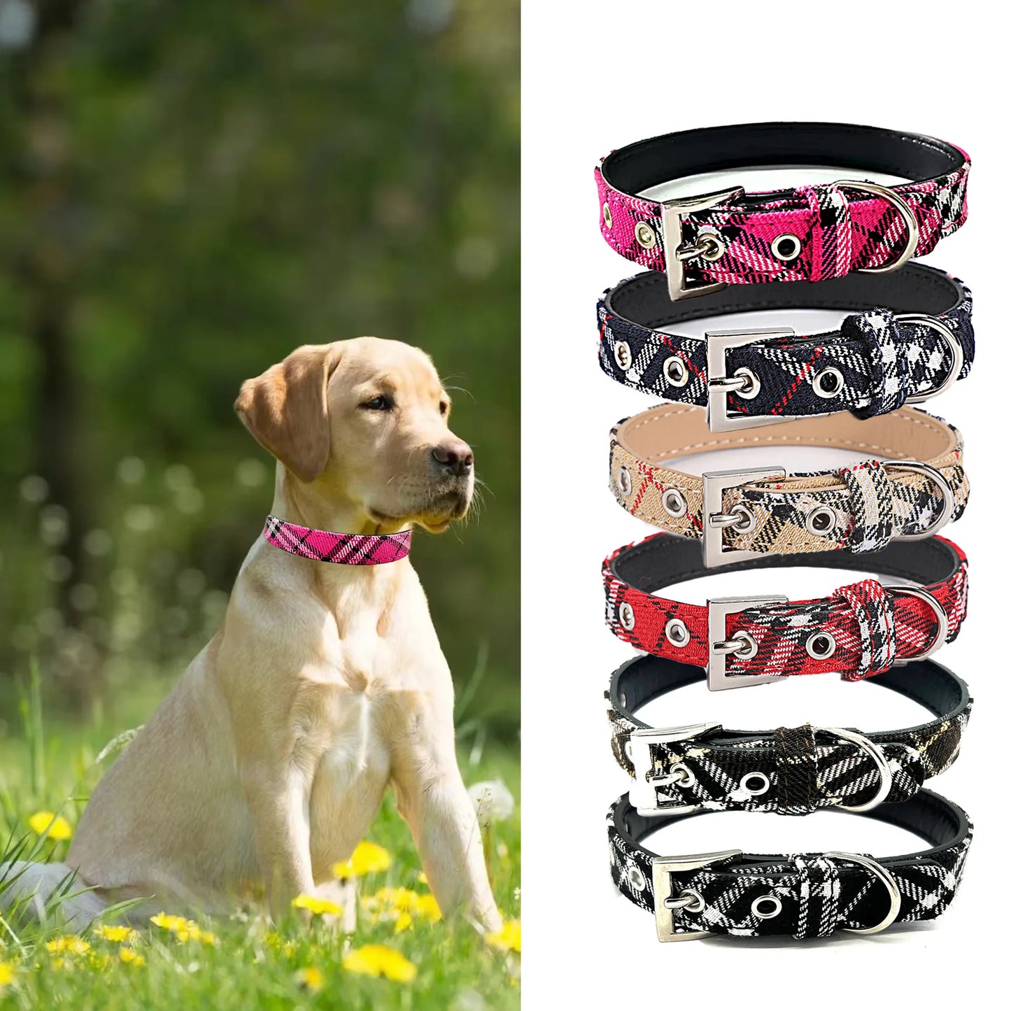 Plaid Leather Dog Collar Classic PU Pet Collar All Seasons