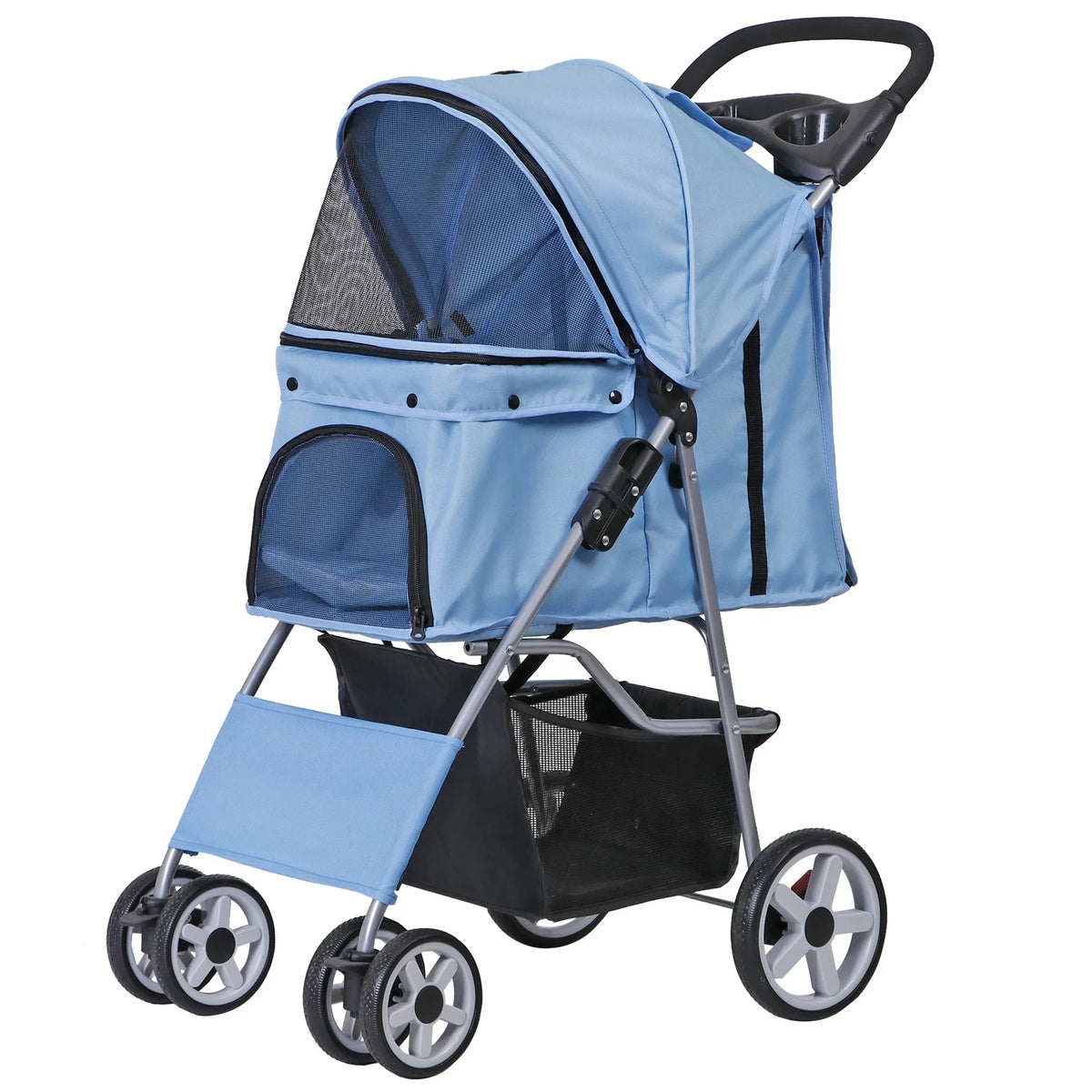 Foldable Pet Stroller with Storage Basket and Cup Holder