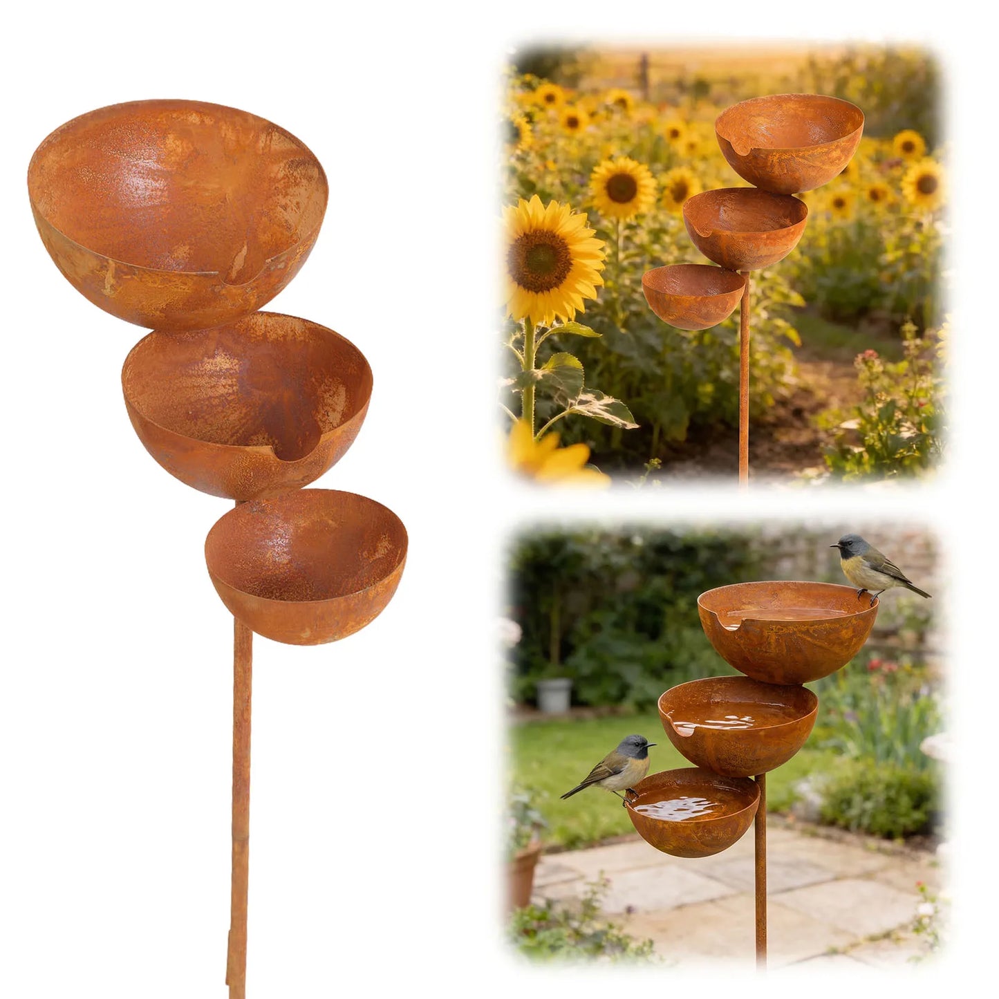 3-Layer Bird Water Bowl With Metal Stake Outdoor Bird Bath
