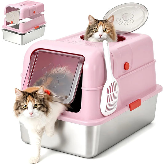 HiMISS Stainless Steel Enclosed Cat Litter Box With Top Exit