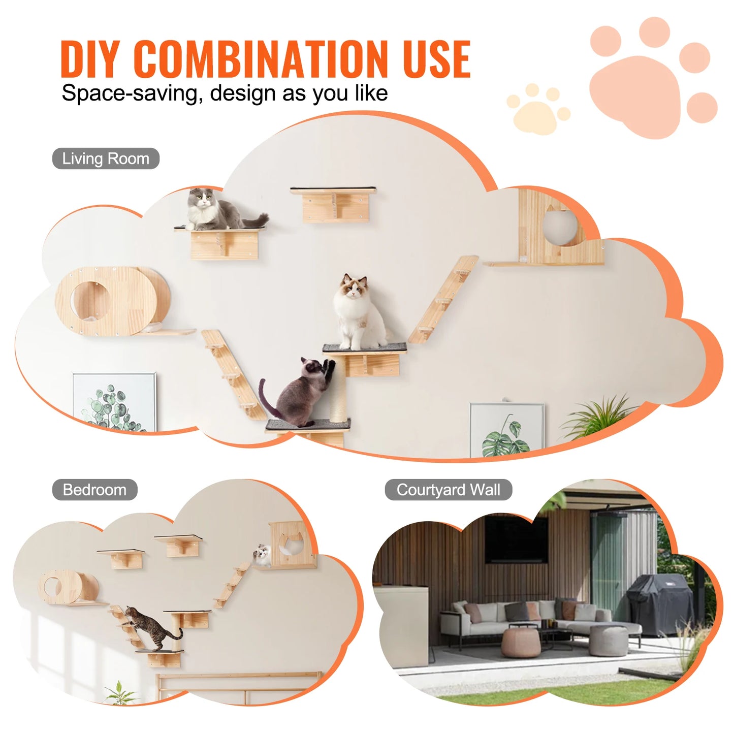SucceBuy Wall Mounted Cat Shelves Perches Hammocks Cat Tree