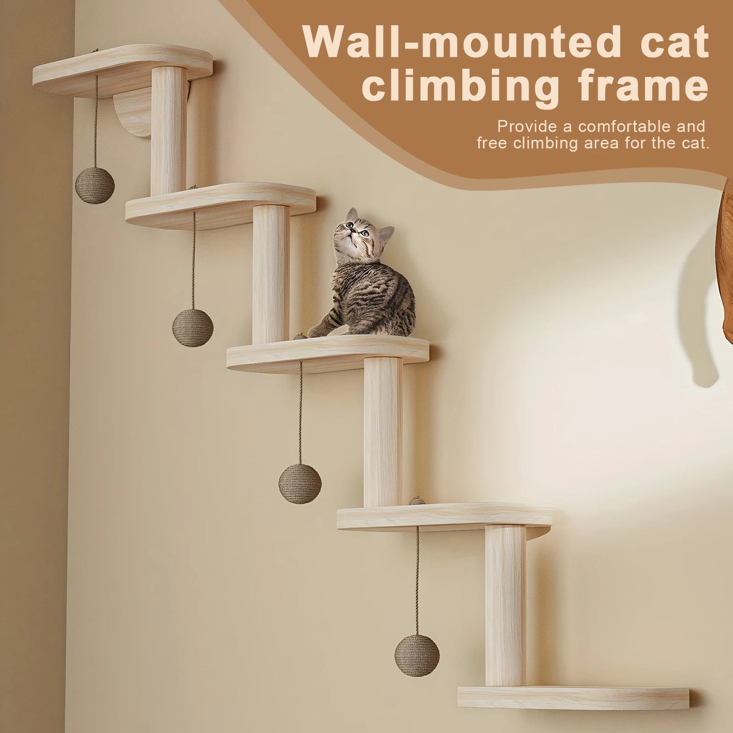 Five Step Wooden Cat Climbing Frame Wall Mounted Ladder Shelf