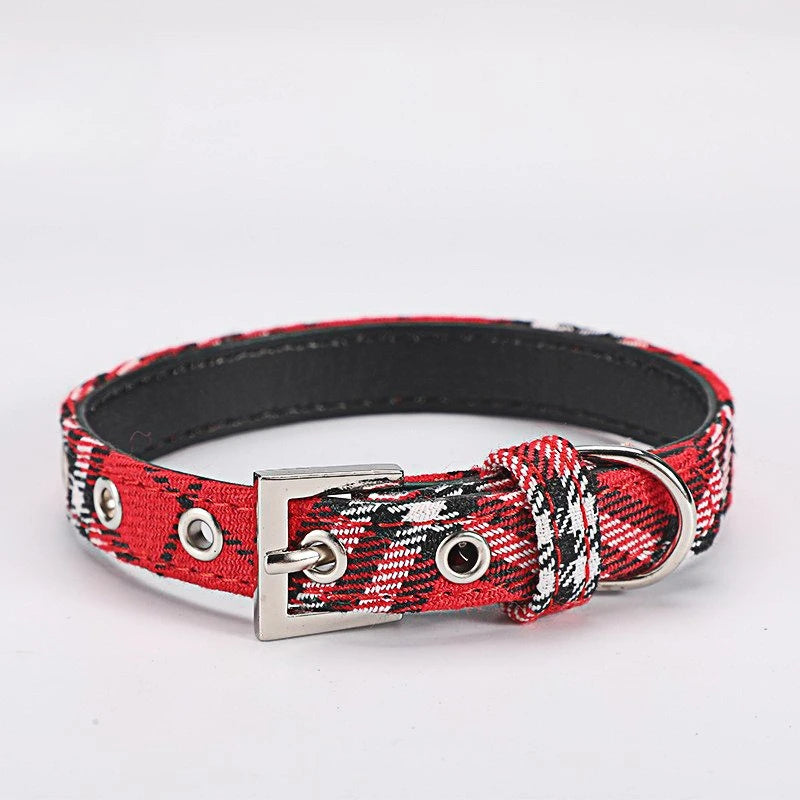 Plaid Leather Dog Collar Classic PU Pet Collar All Seasons