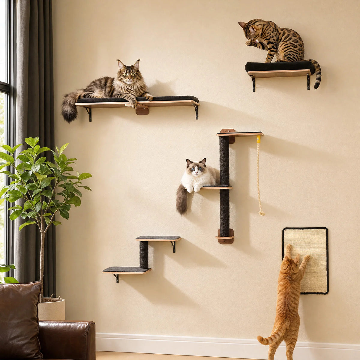PAWZ Road Wooden Cat Climbing Wall Shelves With Scratching Posts