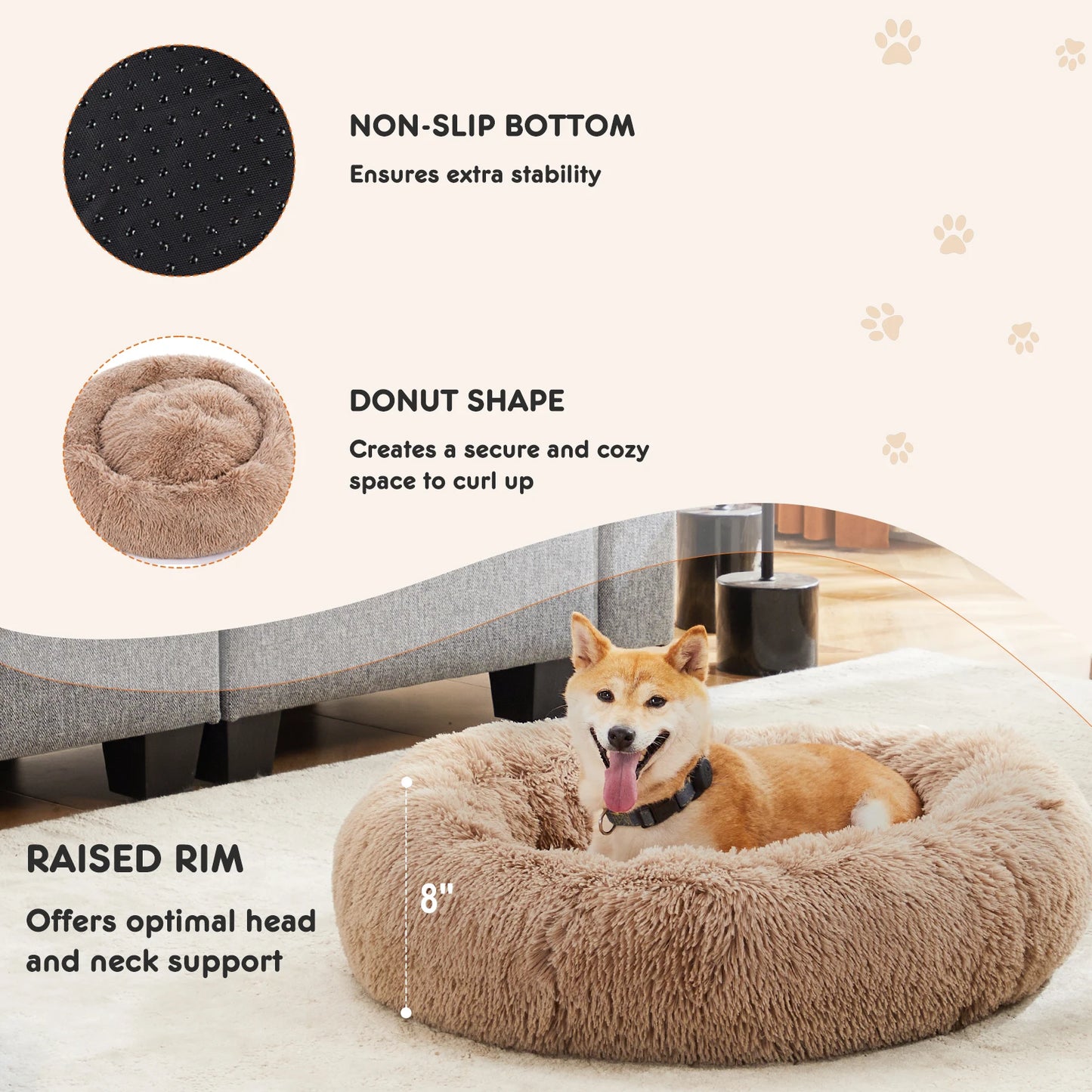 JHK Calming Dog Bed Plush Round Faux Fur For Comfort