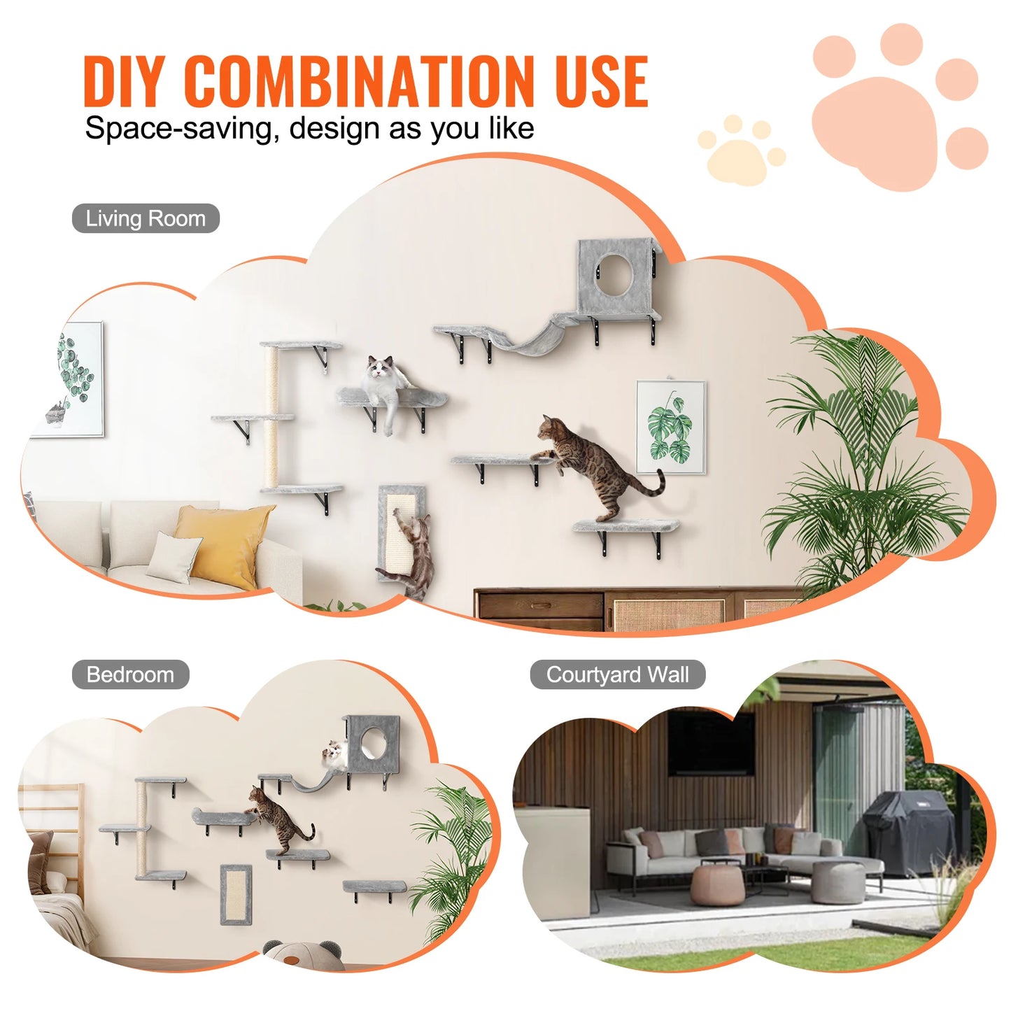 SucceBuy Wall Mounted Cat Shelves Three-Tier Perches