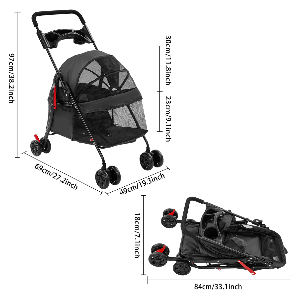 Ergonomic Foldable Pet Travel Cart With Breathable Mesh Ventilation