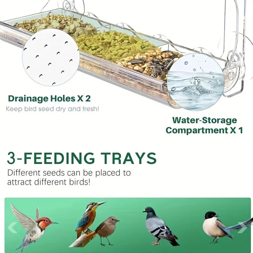 Indestructible Window Bird Feeder With Removable Seed And Water Tray