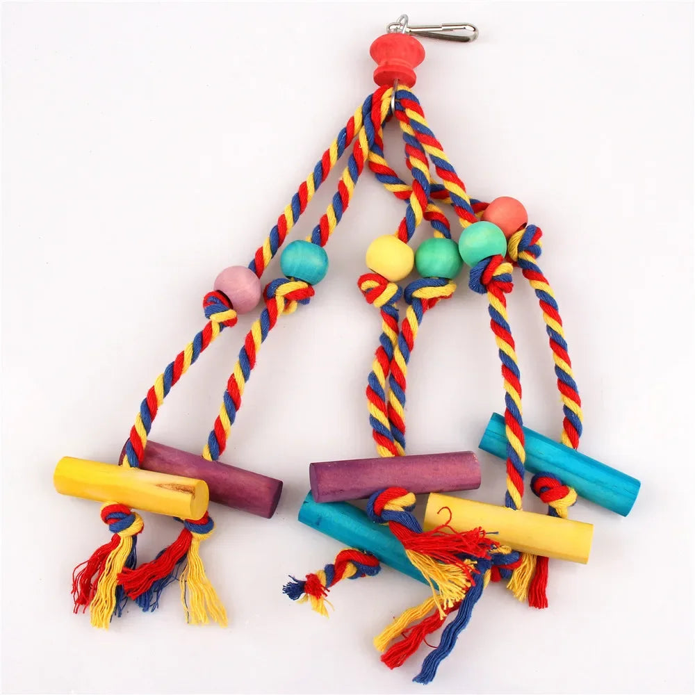 Wood Chewing Bird Toy With Cotton Rope Parrot Cage Accessory