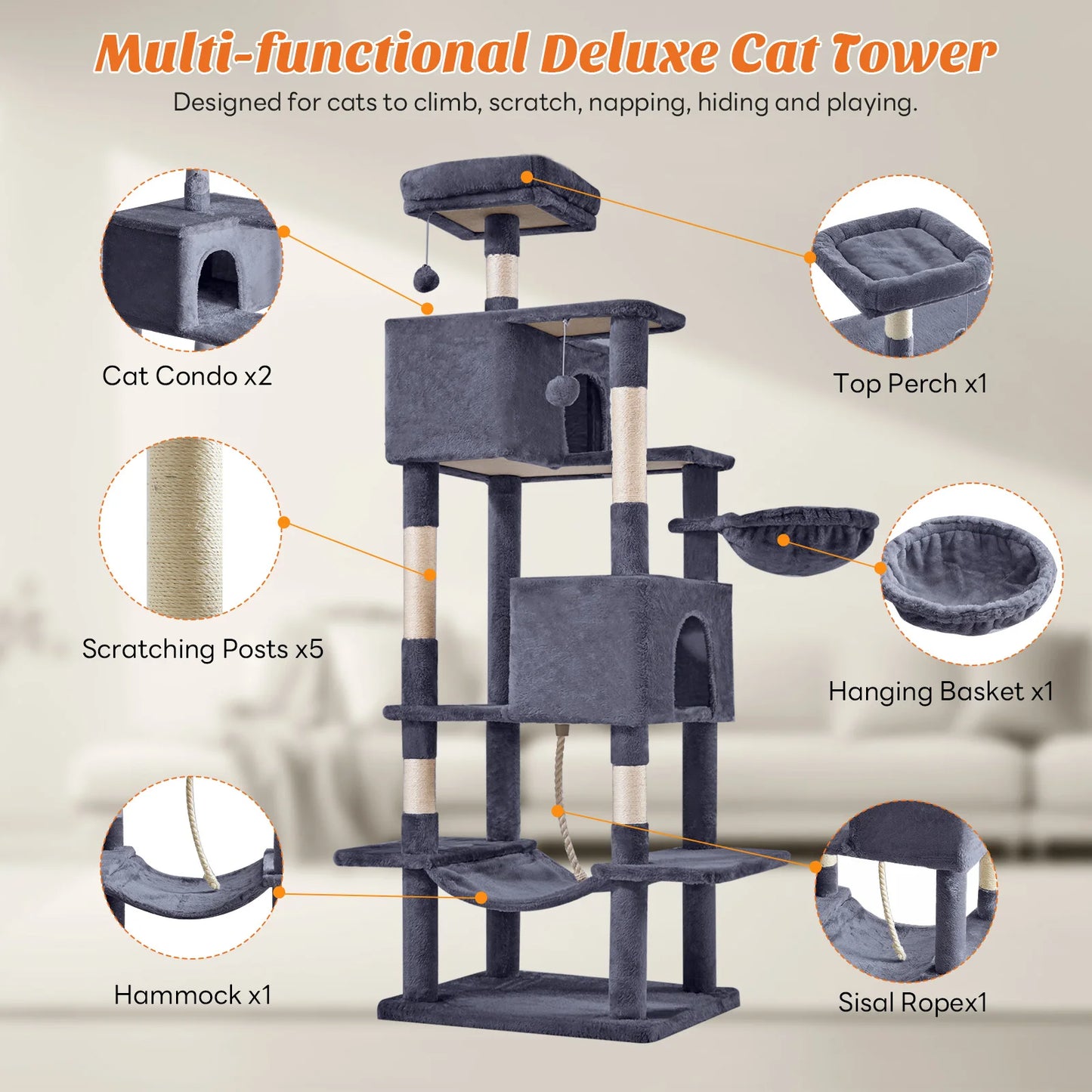 MCQ Cat Tree Tower With Sisal Scratching Posts Pet Condo
