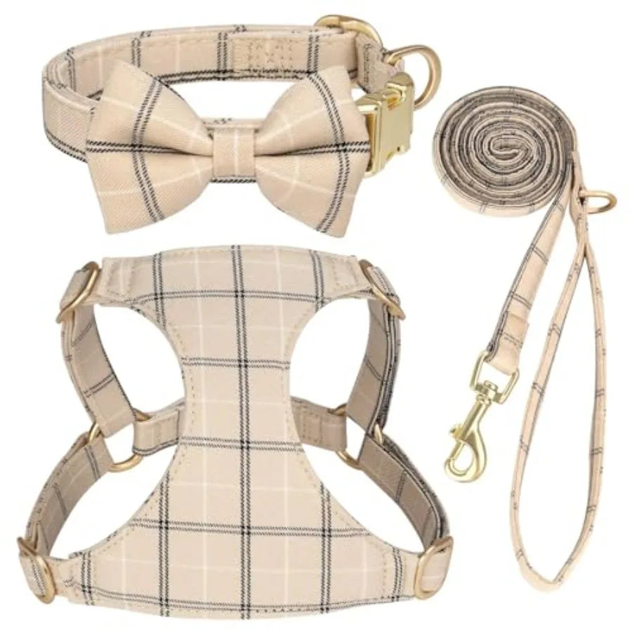 Adjustable Plaid Dog Harness Collar and Leash Set with Bowtie