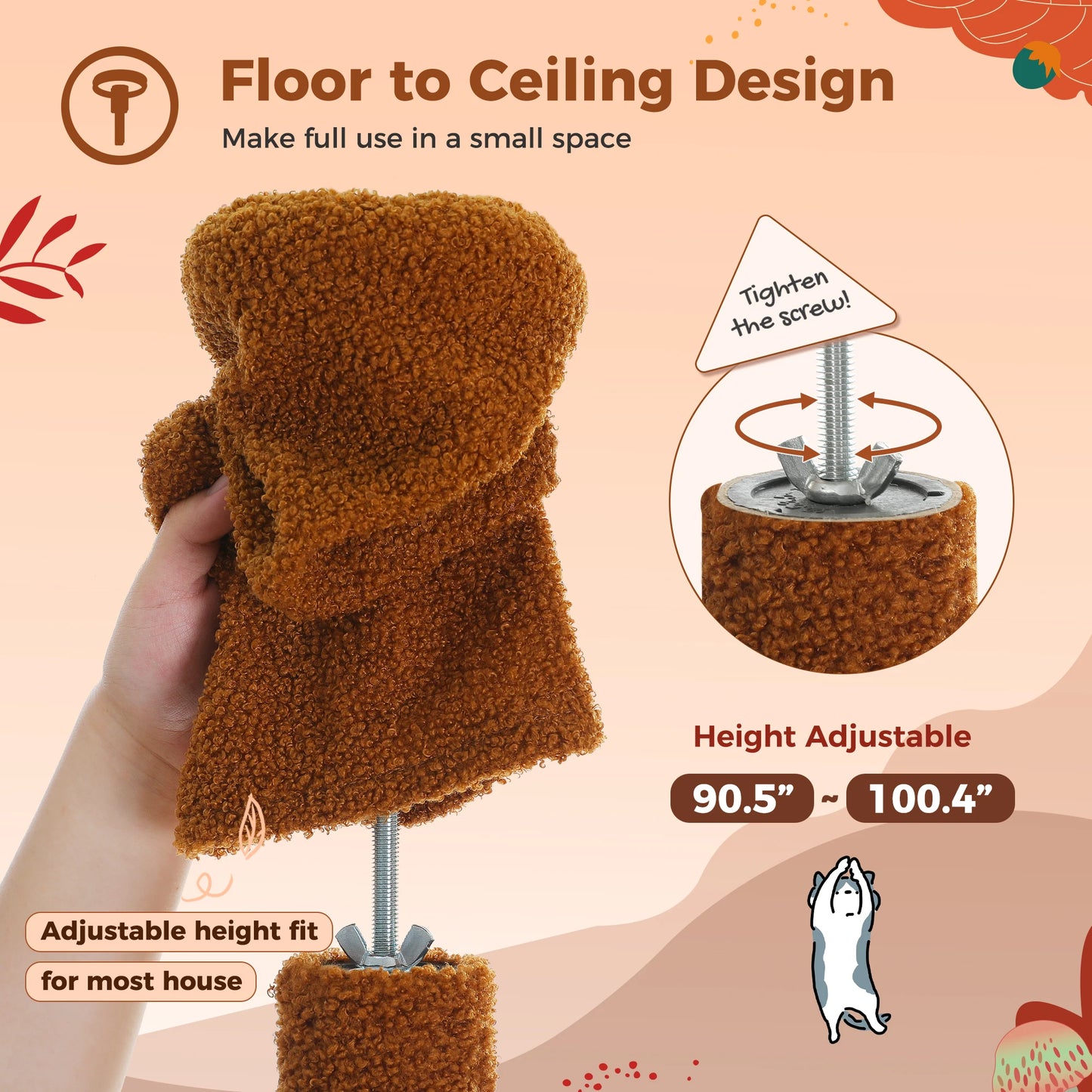 PETEPELA Cat Tree Floor To Ceiling Tower With Condo Hammock