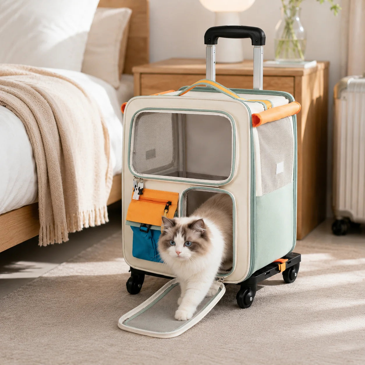 2 In 1 Rolling Cat Carrier With Wheels Telescopic Handle