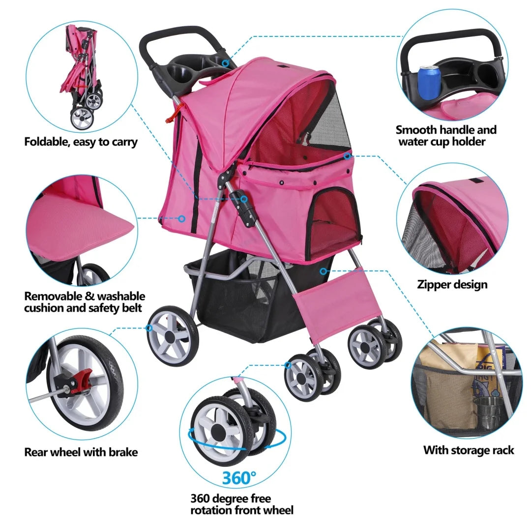Foldable Pet Stroller with Storage Basket and Cup Holder