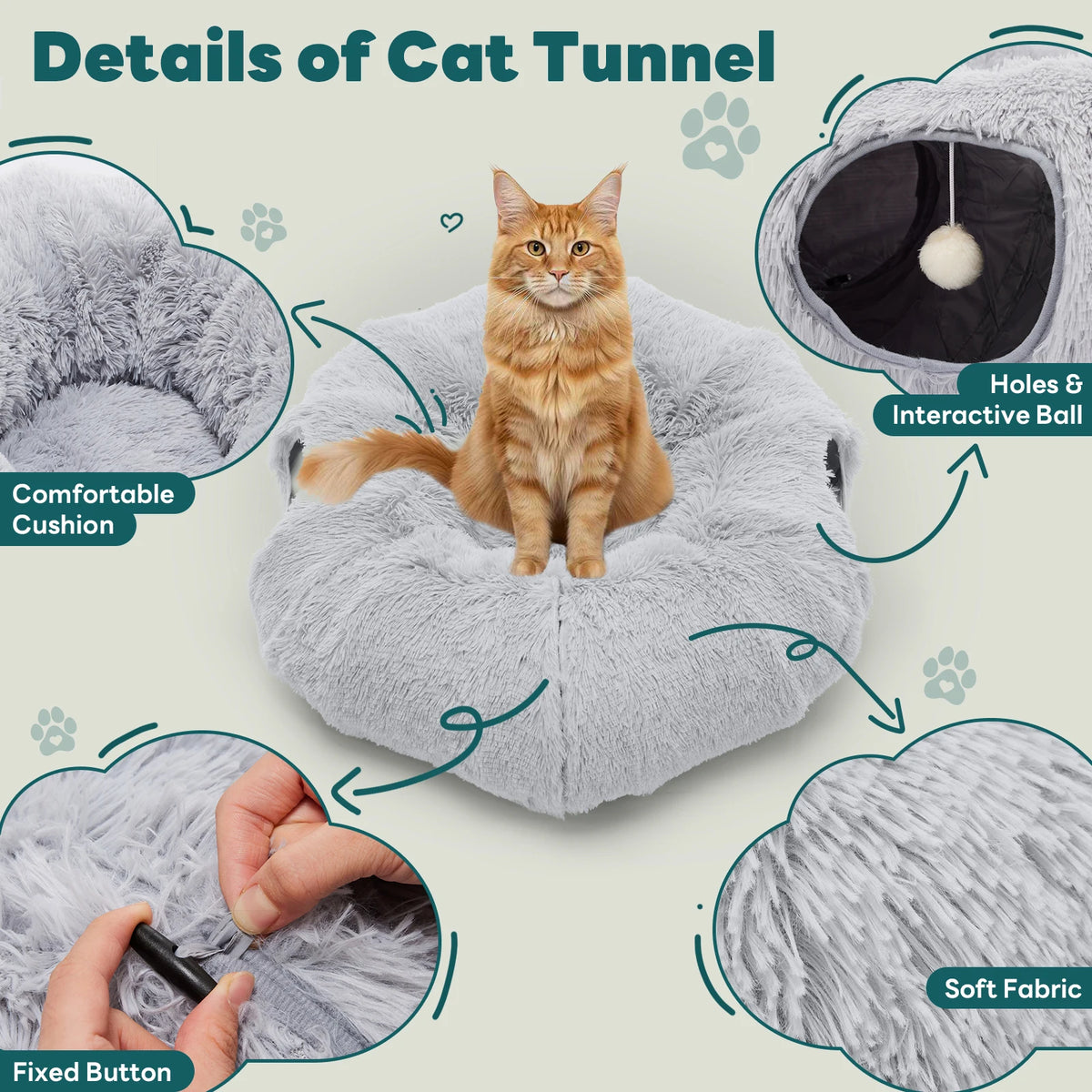 JHK Cat Tunnel Bed with Plush Hideaway and Play Space