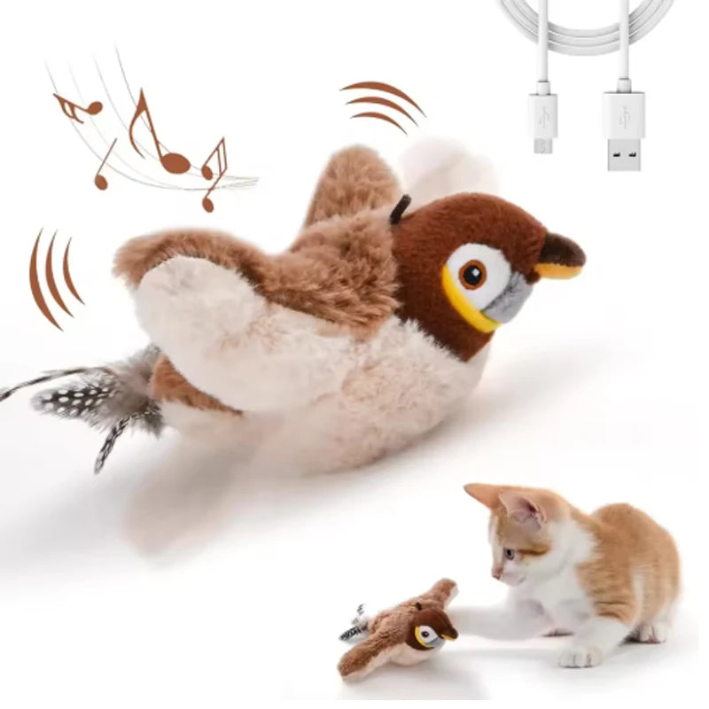 Simulated Bird Cat Toy With Touch Activated Chirping Plush Pet