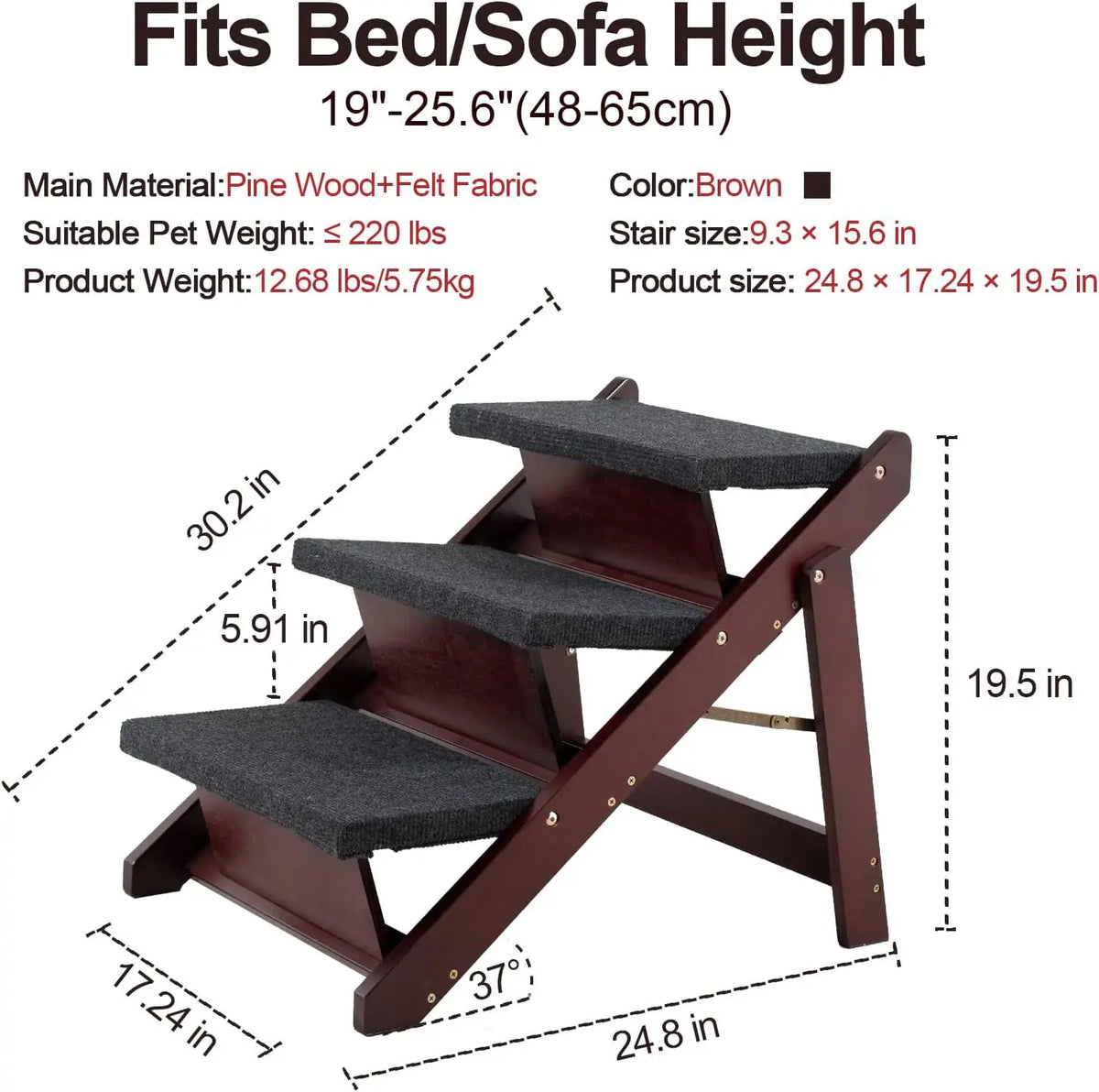 Premium Foldable 3 In 1 Pet Stairs Ramp Wood Construction