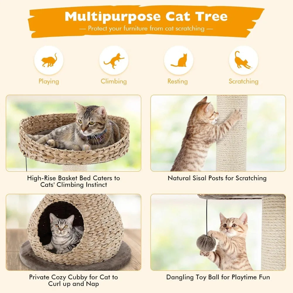 Modern Cat Tree With Natural Sisal Post And Wicker Perch