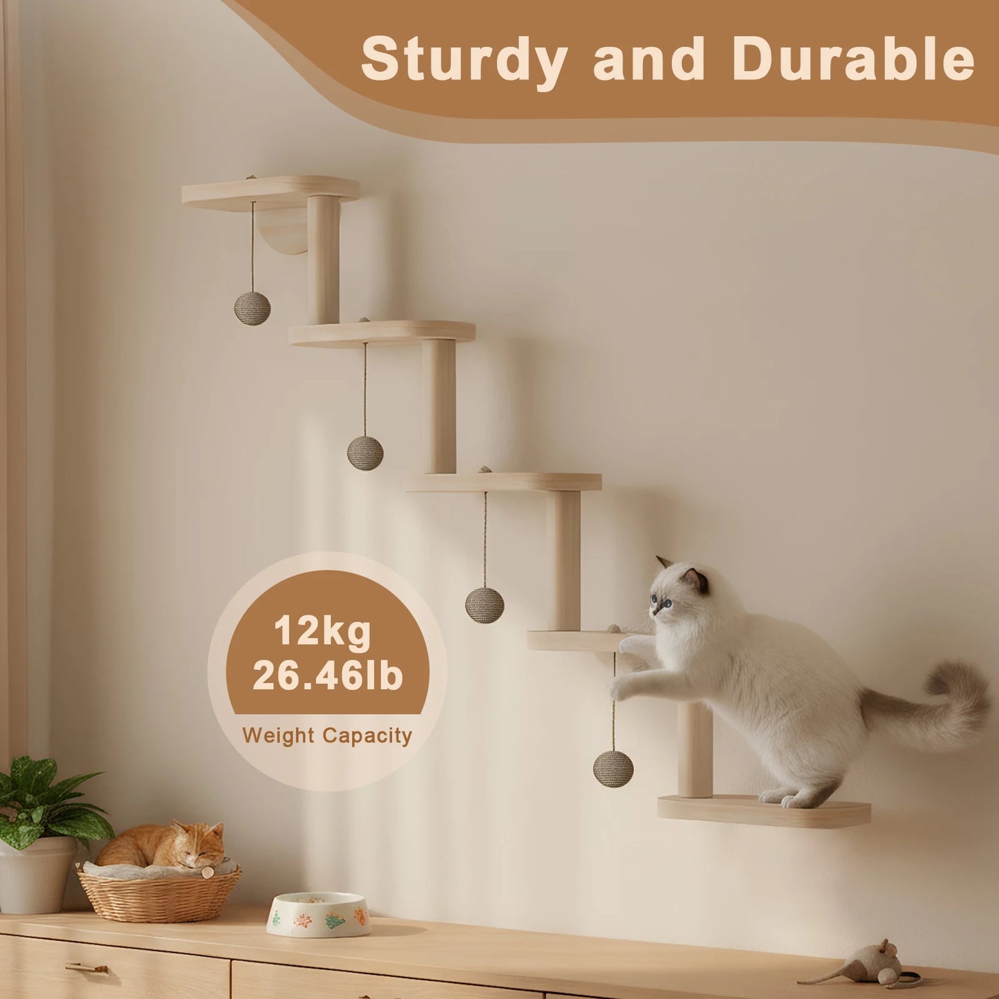 Five Step Wooden Cat Climbing Frame Wall Mounted Ladder Shelf