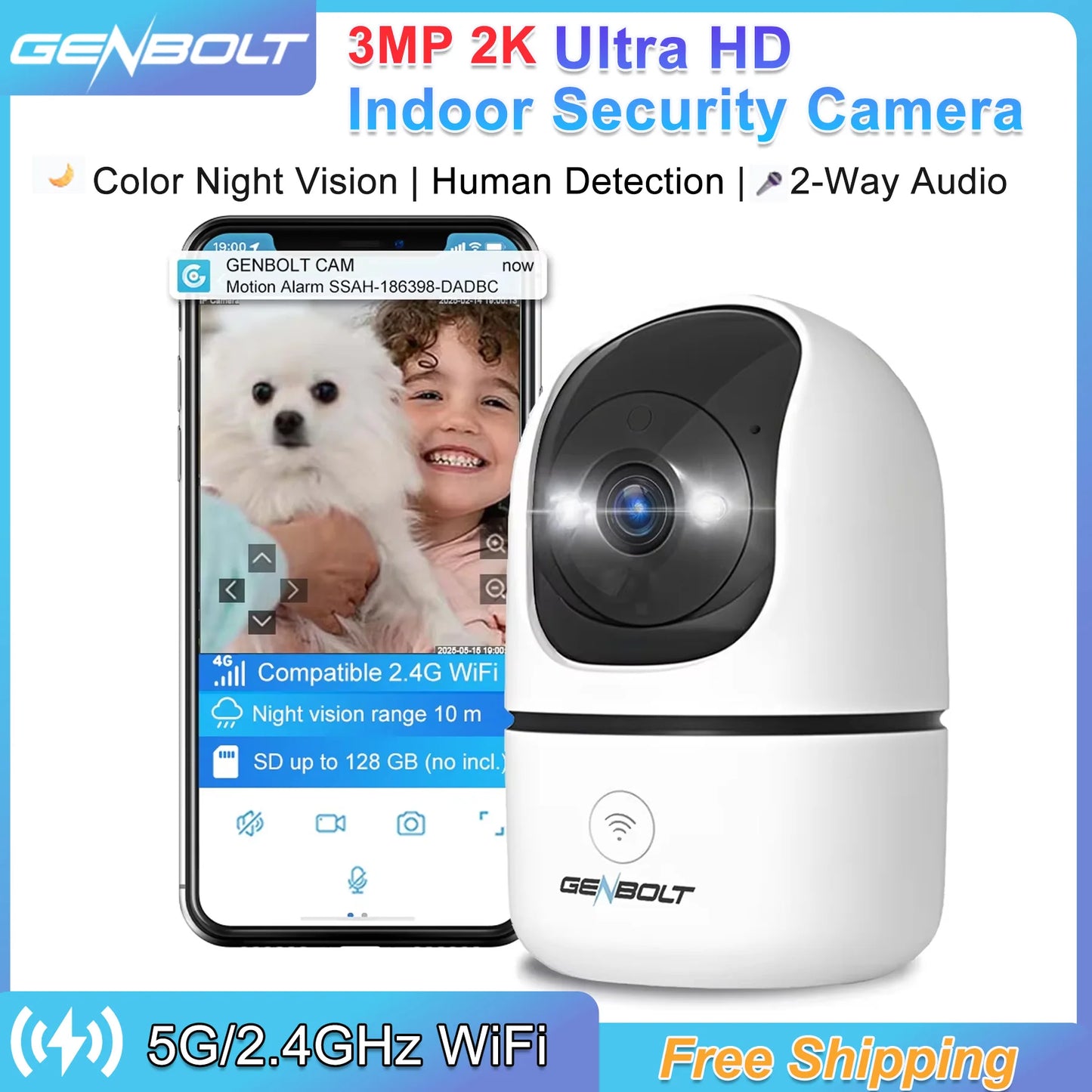 Genbolt WiFi Indoor Camera 1080P AI Human Detection Night Vision