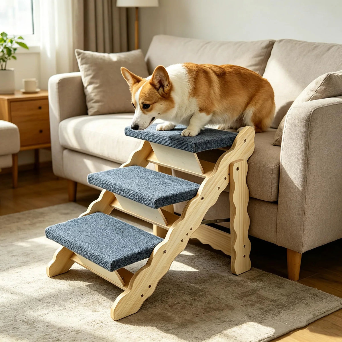 HiMISS Wooden Pet Stairs and Folding Dog Ramp for Beds