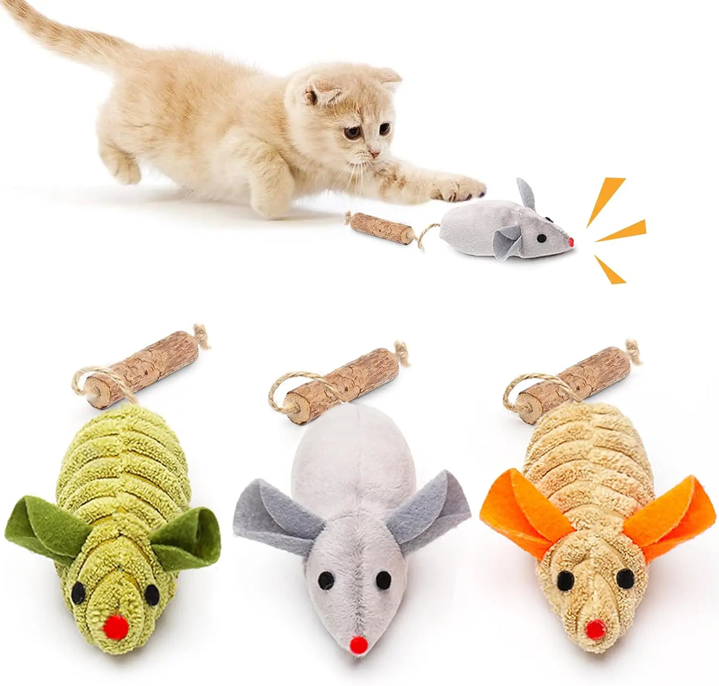 NONECN Squeaking Plush Mice Cat Toys Kitten Interactive Set