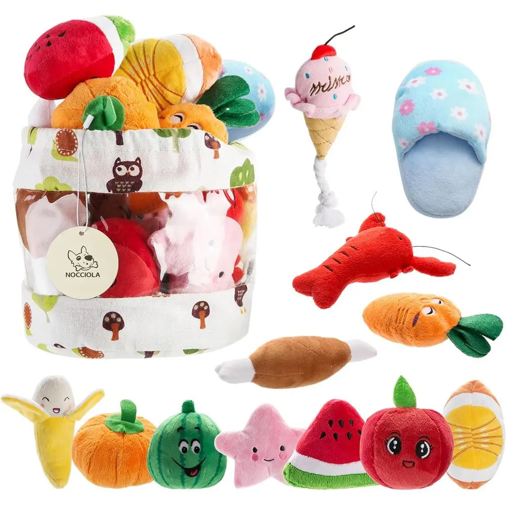 Squeaky Plush Dog Toys 12 Pack With Carrying Bag for All Breeds