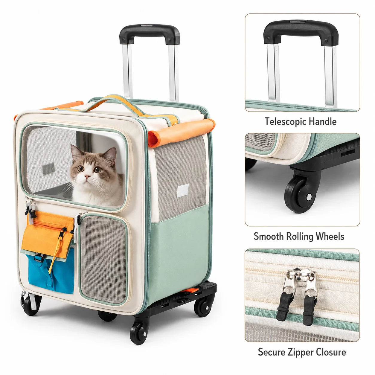 2 In 1 Rolling Cat Carrier With Wheels Telescopic Handle