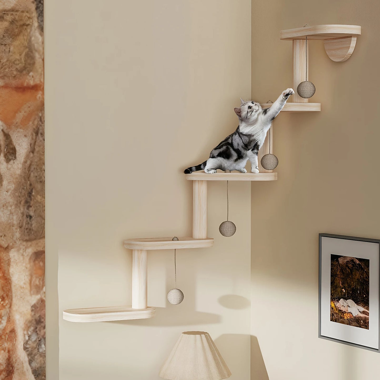 Five Step Wooden Cat Climbing Frame Wall Mounted Ladder Shelf