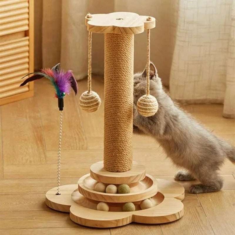 Wooden Cat Scratching Post And Indoor Activity Station