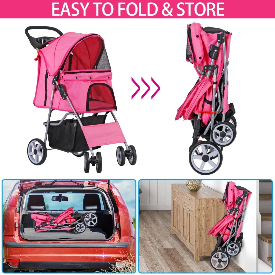 Foldable Pet Stroller with Storage Basket and Cup Holder