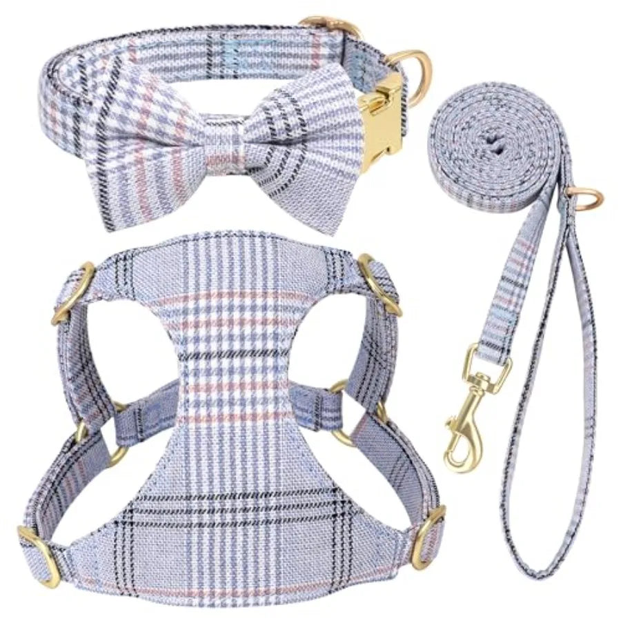 Adjustable Plaid Dog Harness Collar and Leash Set with Bowtie